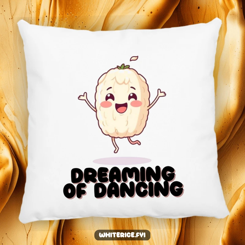 Funny pillow showcasing a delighted rice grain character doing a happy dance, perfect for comfortable and humorous lounging.