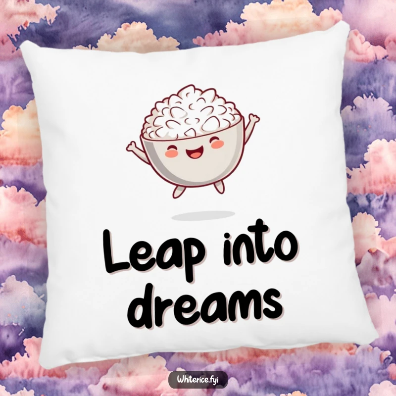 Funny pillow with a joyful bowl of white rice in a playful jumping pose, ideal for comfort.