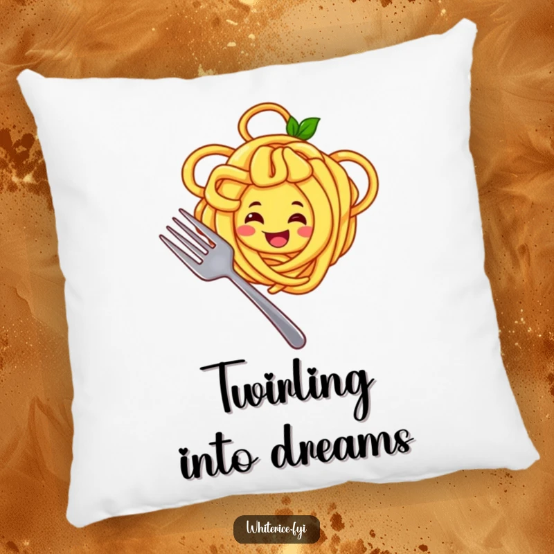 Funny pillow featuring a joyful yellow noodle character twirling noodles around a fork, a soft and humorous comfort item.