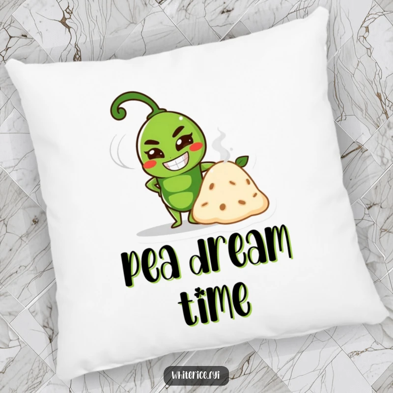 Funny proud green pea character with a determined grin beside a steaming mound on a soft funny pillow.