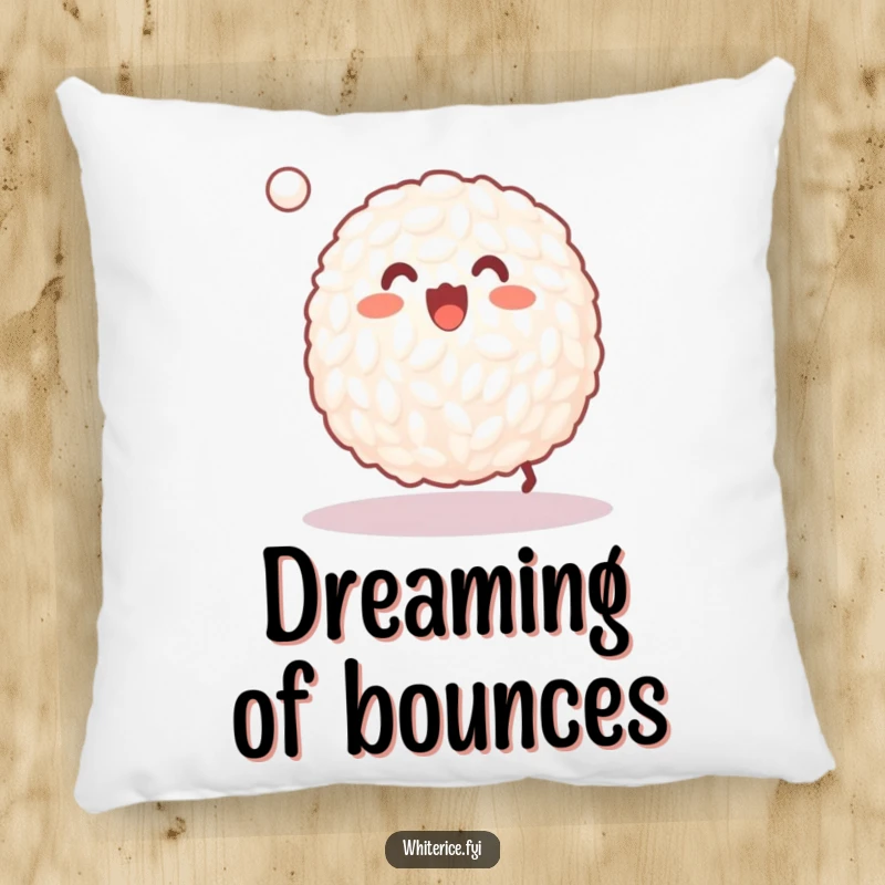 Funny pillow with a happy grain of white rice joyfully bouncing a tiny ball, perfect for cozying up.