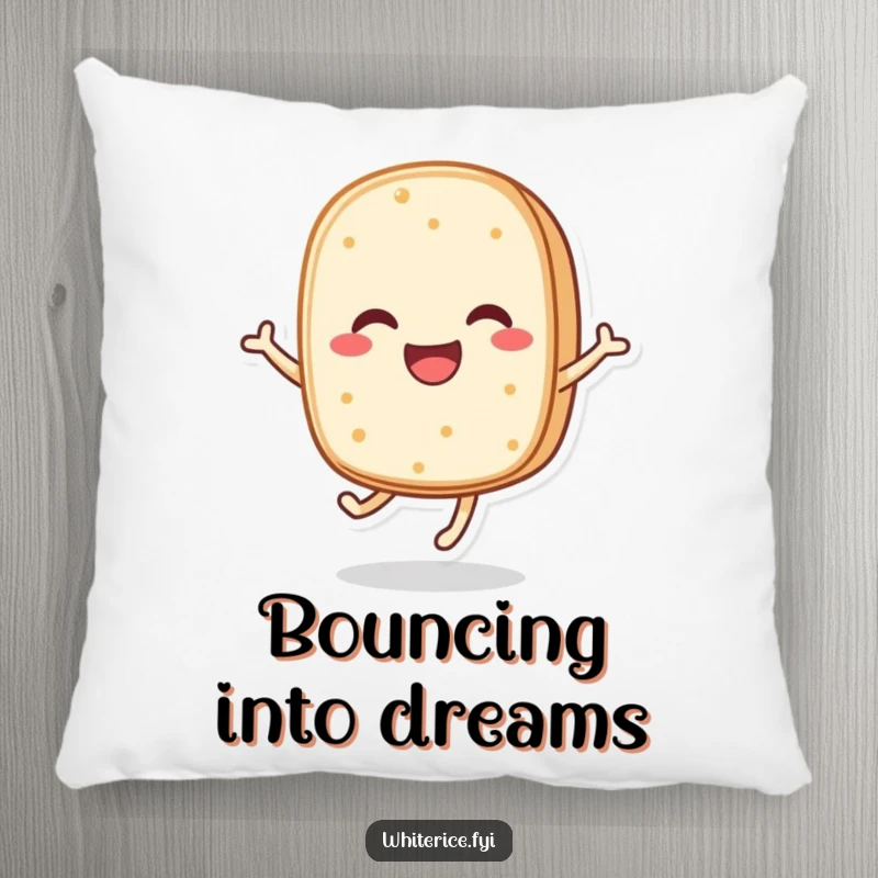 Funny pillow with a soft texture, showing a happy rice cake character bouncing with glee, designed for comfort and cheer.