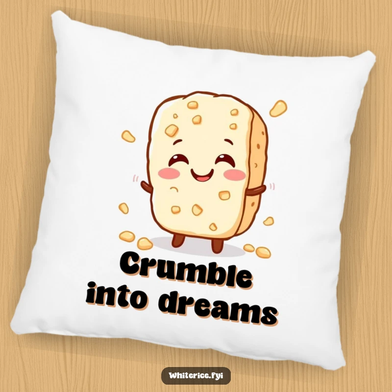 Funny pillow showcasing a cheerful, small rice cracker character crumbles slightly with a happy crunch, perfect for comfort and crispy cheer.