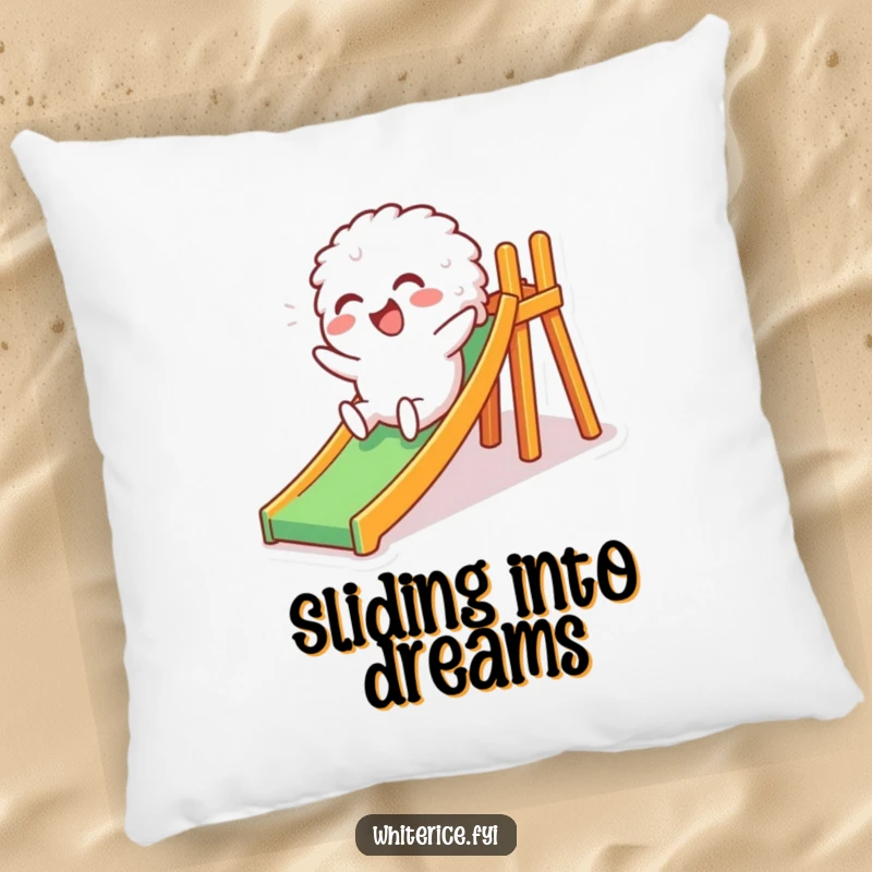 Funny pillow showcasing a giggling white rice character sliding down a small slide, offering plush comfort and a touch of whimsical humor to any room.