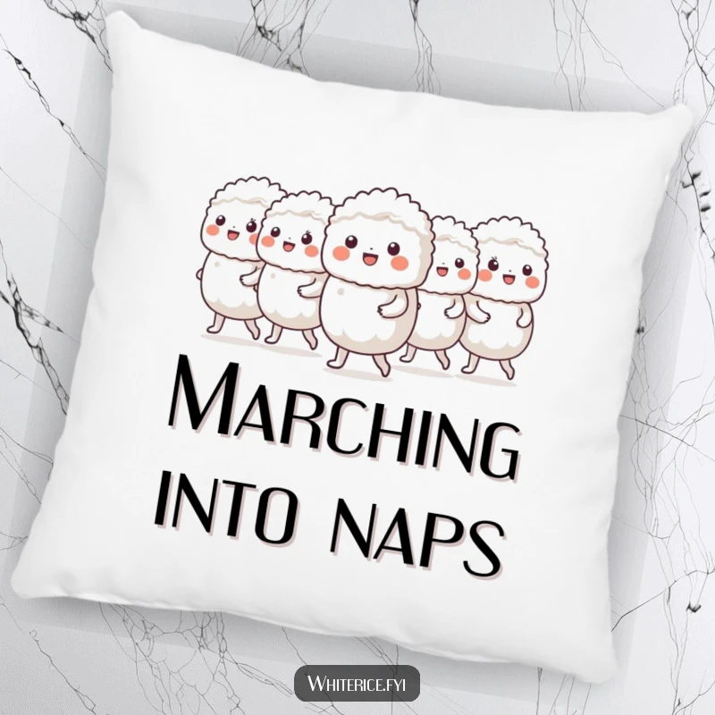Funny pillow featuring a cheerful group of white rice characters marching in a neat line, for comfort.
