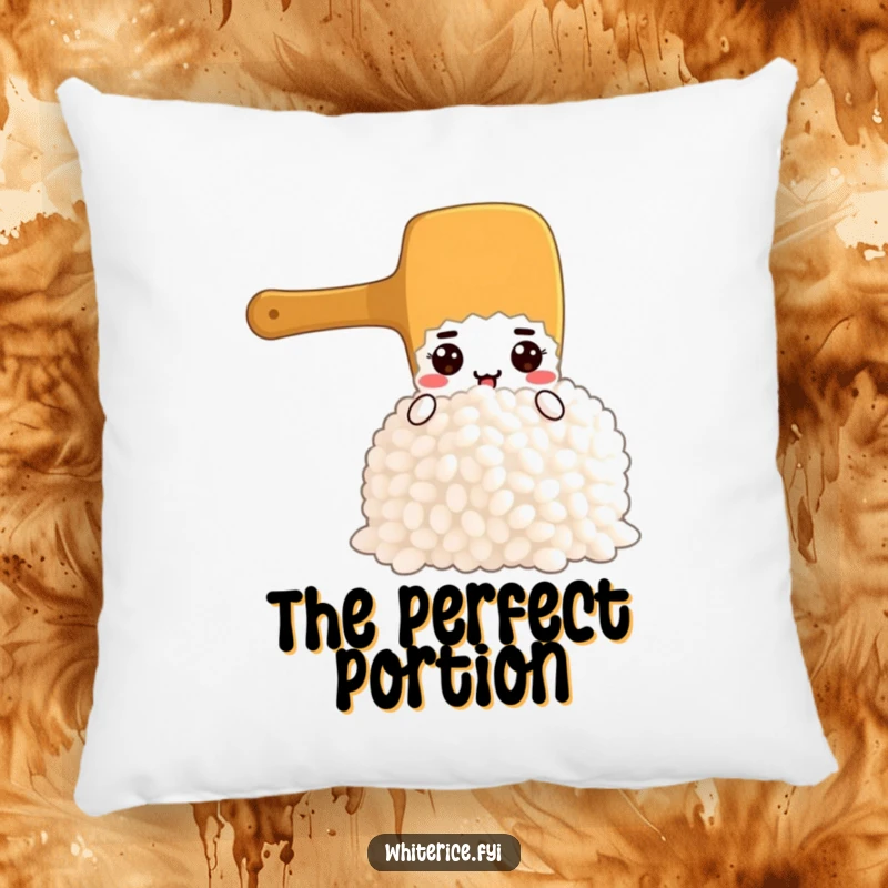 Funny pillow depicting a determined rice paddle character scooping rice, offering comfort and a touch of humor.