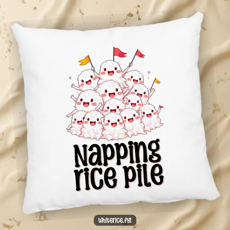 Funny pillow featuring a smiling pile of white rice characters cheering and waving small flags, for comfort.
