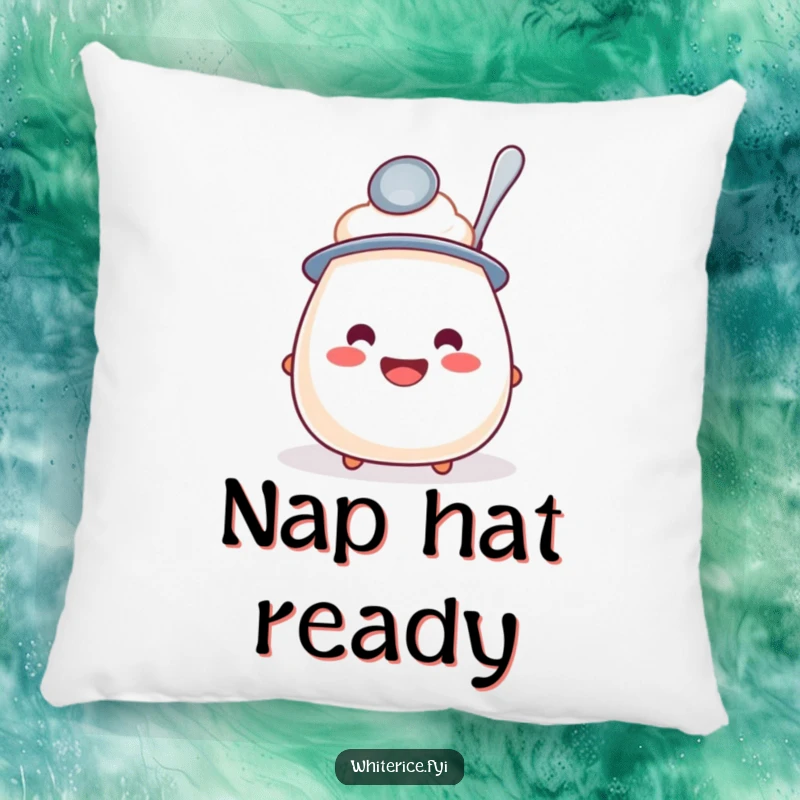 Funny pillow featuring a cute rice pudding character with a spoon hat, adding a touch of silliness to any cozy space.