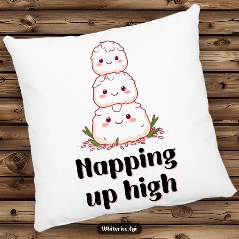 Funny pillow featuring a happy stack of white rice characters forming a pyramid, for cozy, harmonious moments.