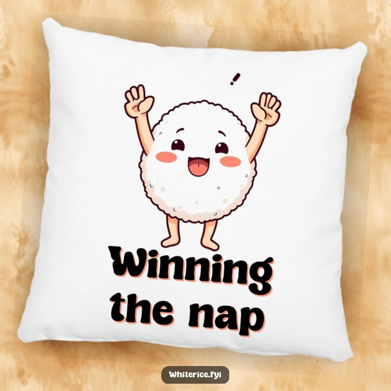 Funny pillow featuring a round rice character with arms triumphantly raised, offering comfort and a dose of humor.