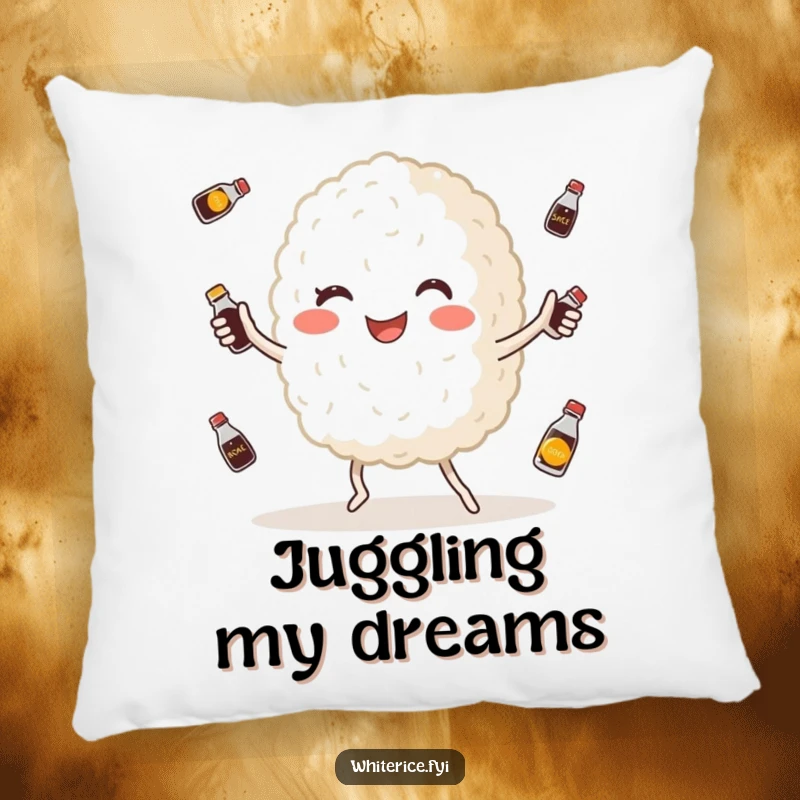 Funny pillow with a happy, plump white rice grain character juggling tiny soy sauce bottles, offering soft comfort and a playful design.