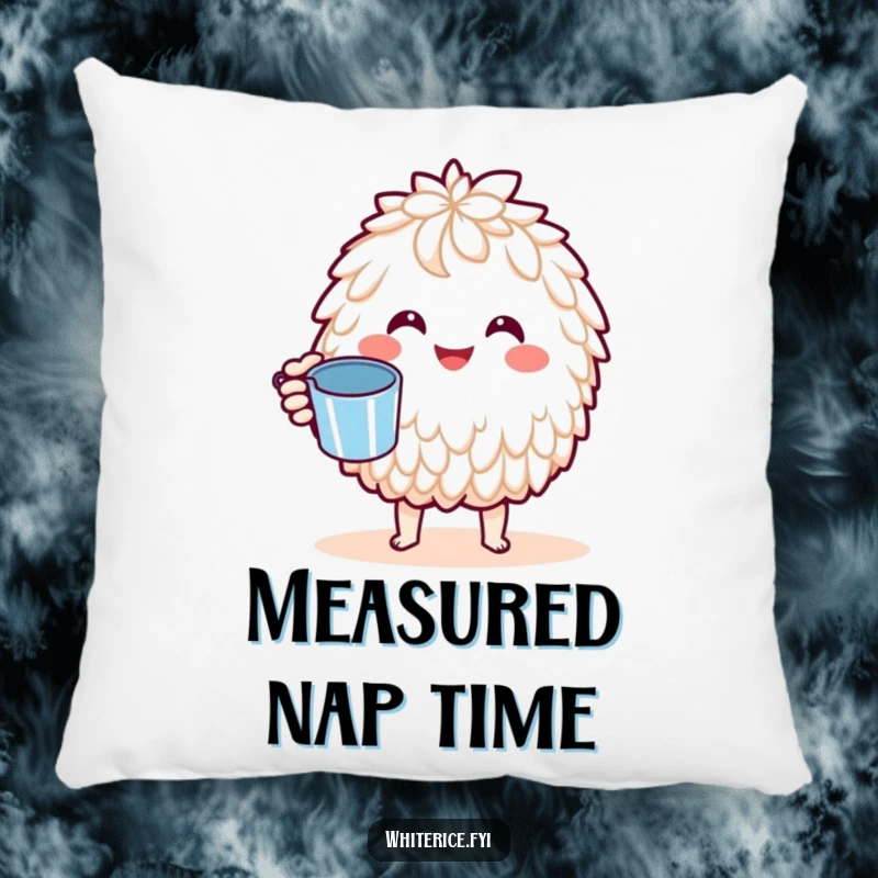 Funny Basmati Rice Pillow: A joyful Kawaii character holding a measuring cup, bringing a cheerful and precise culinary accent to any room.