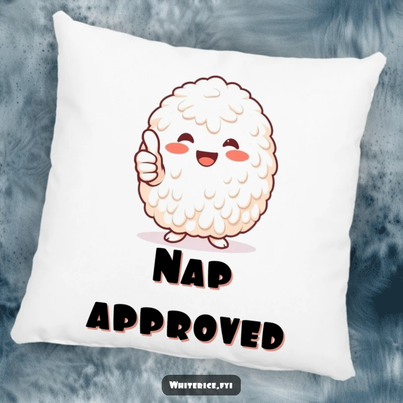 Funny heap of white rice giving a thumbs-up pillow, soft and comforting, bringing a humorous and positive touch.