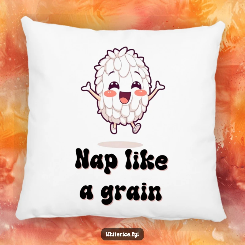 Funny pillow featuring a cheerful white rice grain character comically leaping, adding a touch of whimsy and humor.