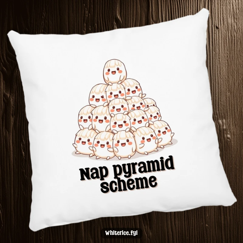 Funny pillow showcasing a cheerful, wobbly pyramid of smiling rice characters, offering a soft and humorous decorative touch.