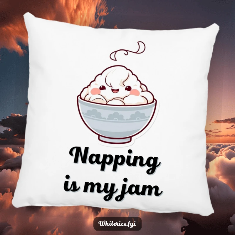 Funny Kawaii rice bowl pillow featuring a happy character with a steam cloud, offering comfort and a dose of cute humor, a lovely gift.