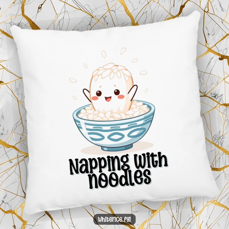 Funny kawaii white rice grain character depicted mid-leap into a steaming bowl, on a soft pillow, offering comfort and cute charm.
