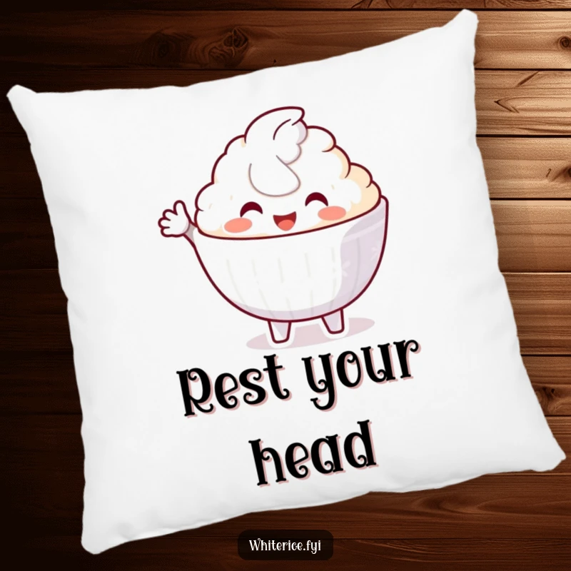Funny pillow featuring a delighted white rice bowl character offering a welcoming gesture, perfect for cozy, hospitable comfort.