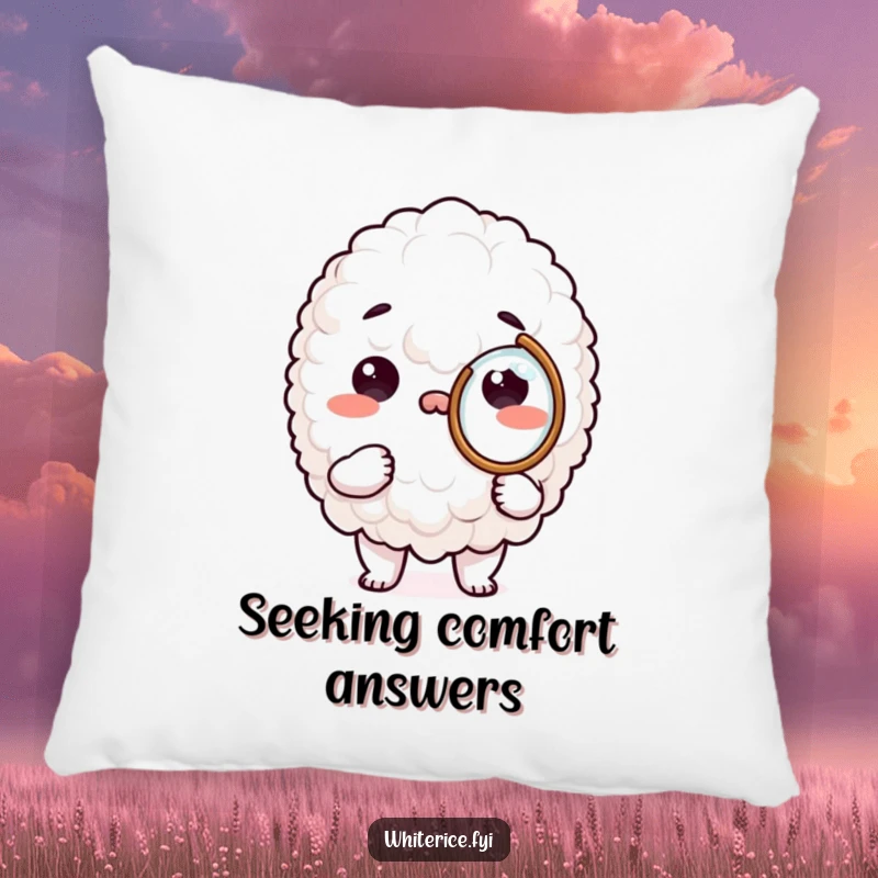 Funny pillow featuring a white rice character with a magnifying glass, designed for comfort and a touch of humor.