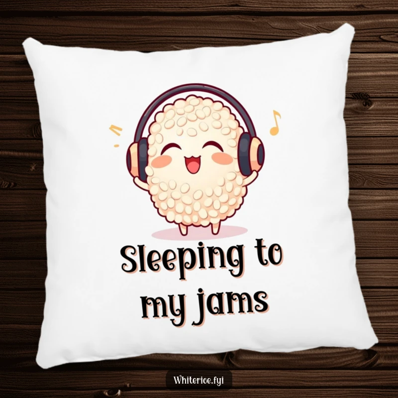 Funny delighted rice grain pillow, wearing earmuffs, listening to music, soft and humorous home decor.