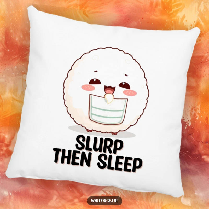 Funny pillow featuring a happy rice ball in a tiny bib, slurping contentedly, for ultimate comfort.