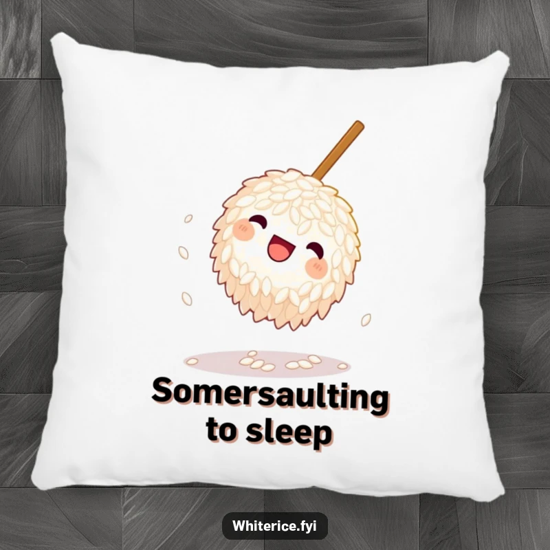 Funny Rice Pillow: A plush pillow featuring a playful grain of rice doing a somersault near a chopstick, offering comfort and whimsical humor.