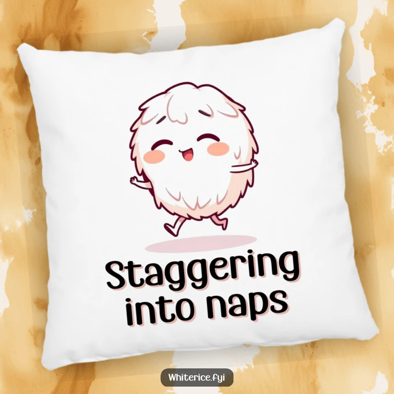 Funny pillow featuring a giggling rice character in a funny stagger, a soft and humorous addition to any room.