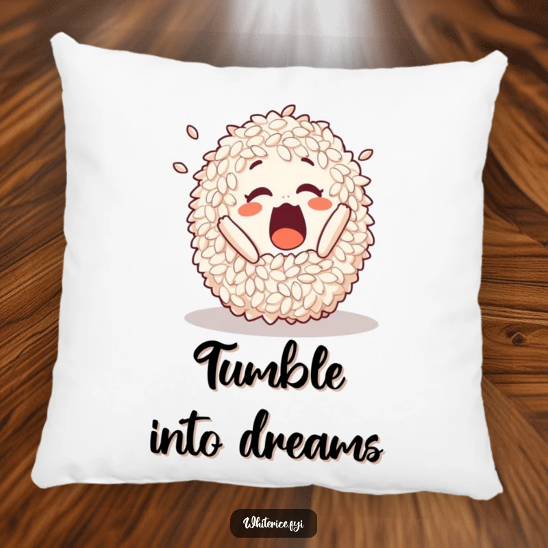 Funny pillow depicting a surprised pile of rice in a funny, playful tumble for ultimate comfort.