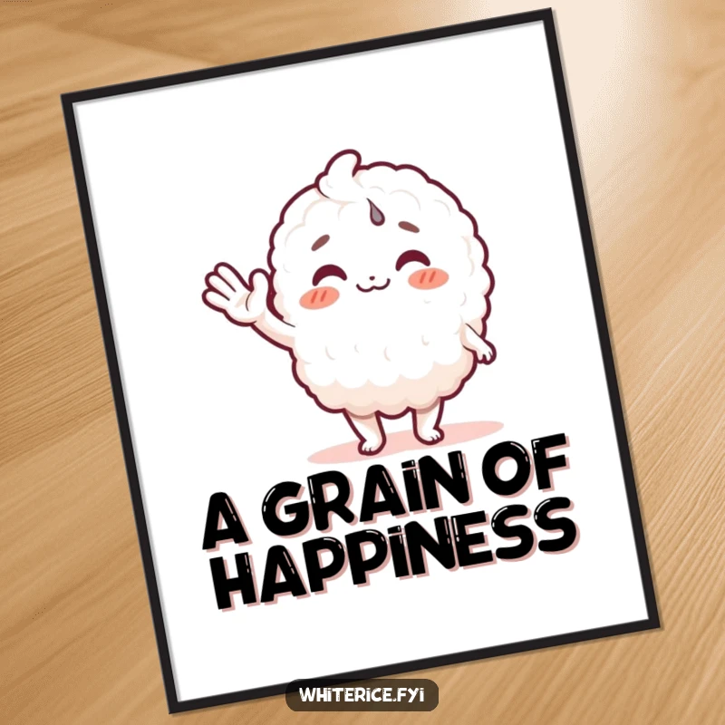 Funny digital art print of a joyous white rice character waving hello. High-resolution humor for instant download and display.