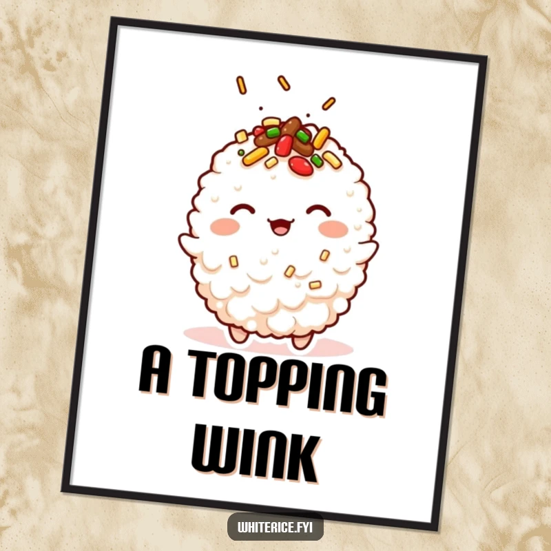 Funny kawaii digital art print of a winking fried rice character, bringing instant charm and humor.