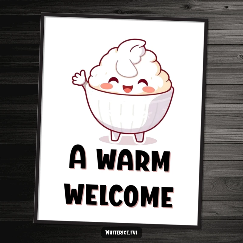 Funny digital art print of a delighted white rice bowl character offering a welcoming gesture, perfect for instant, cheerful decor.