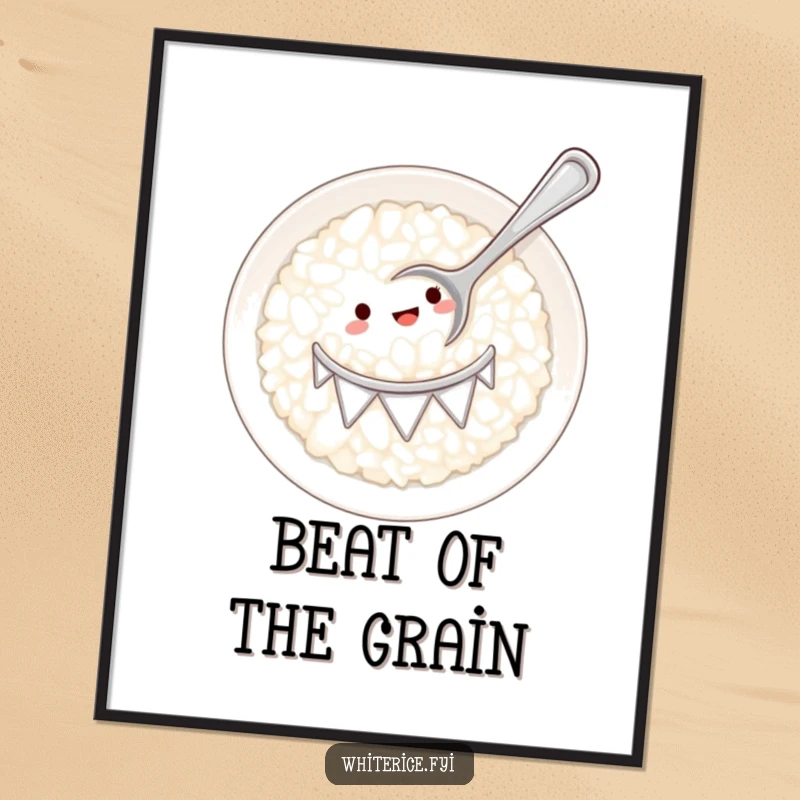 Funny white rice plate drum with tiny spoon digital art print, capturing a dynamic and humorous musical scene.