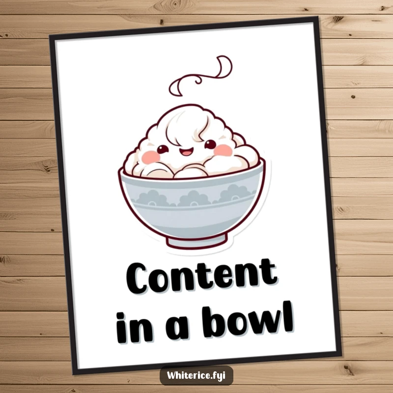 Funny Kawaii rice bowl digital art print of a happy character with a steam cloud, radiating joy and contentment, perfect for cheerful digital decor.