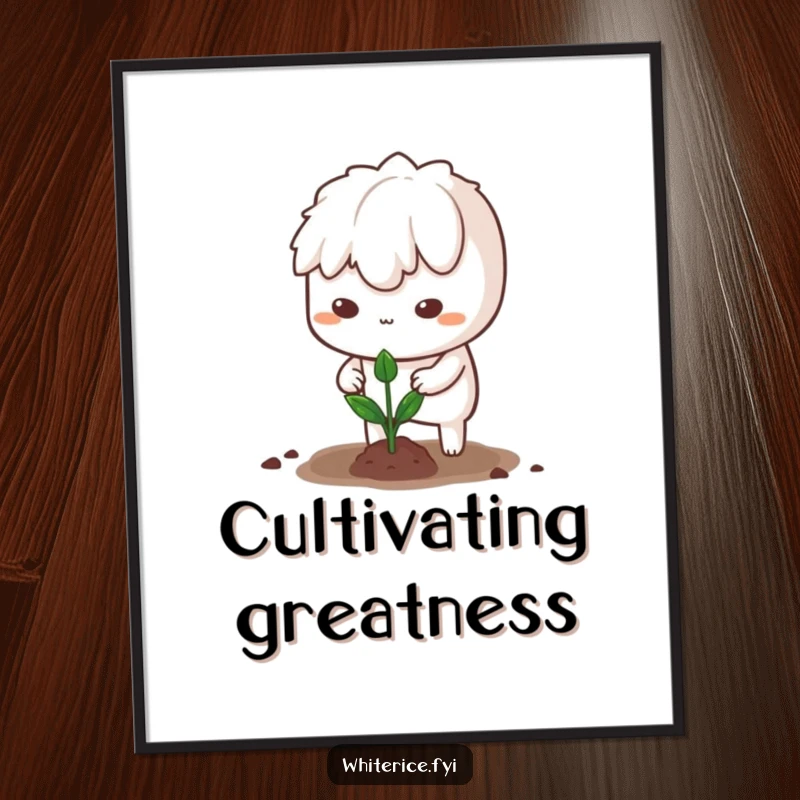 Funny digital art print of a determined white rice character planting a sprout, for instant motivational humor.