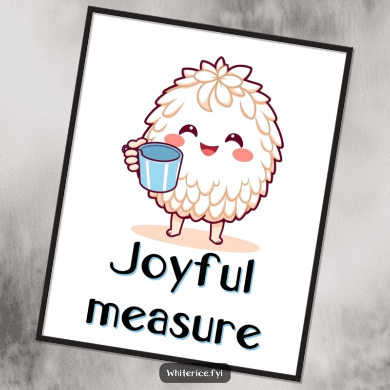 Funny Basmati Rice Digital Art: A joyful Kawaii character holding a tiny measuring cup, embodying cheerful precision and culinary fun, perfect for printing.