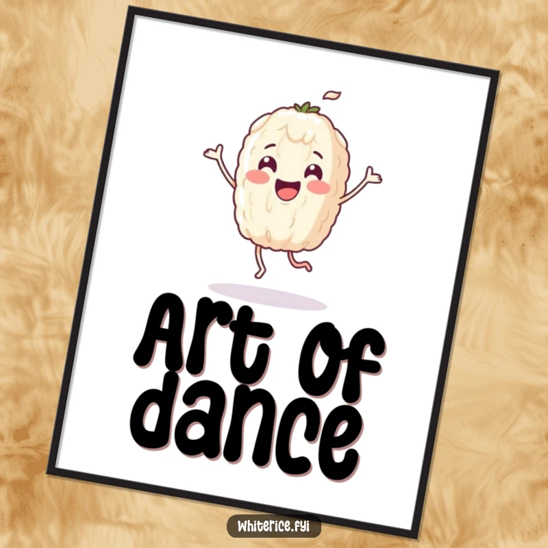 Funny digital art print of a gleeful rice grain character caught in a celebratory dance, perfect for vibrant wall decor.