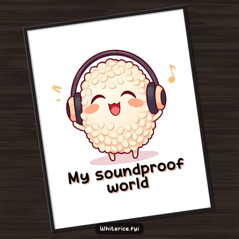 Funny delighted rice grain digital art, wearing earmuffs, listening to music, printable and humorous decor.