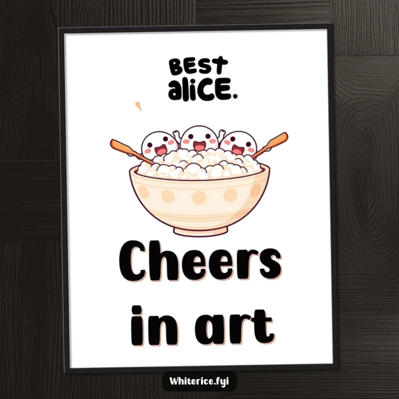 Funny digital art print of an excited bowl of rice characters cheering enthusiastically, perfect for vibrant decor.