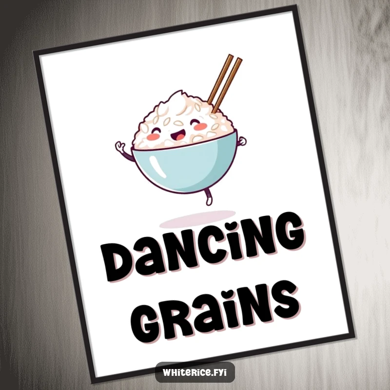 Funny happy white rice bowl digital art print, dancing with chopsticks, a humorous and easily accessible artwork for food lovers.