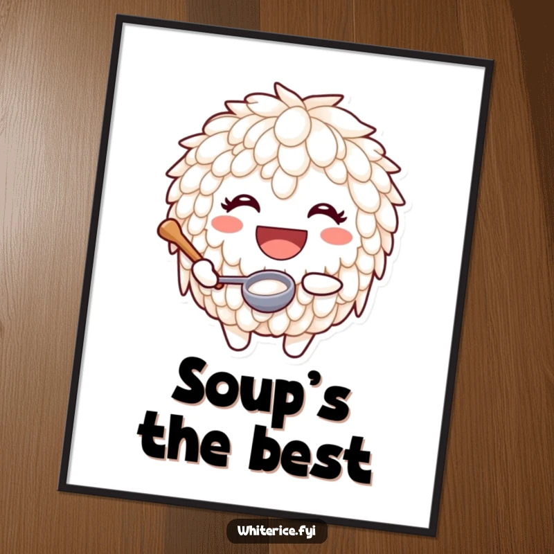 Funny digital art print of a joyful rice character with a huge smile holding a tiny ladle, embodying culinary happiness.