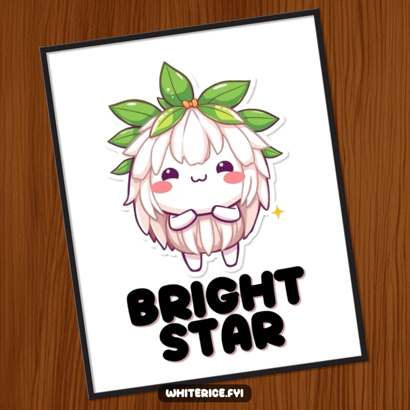 Funny Jasmine Rice Digital Art: A brilliant Kawaii character shining brightly, embodying positivity and radiance, perfect for printing.
