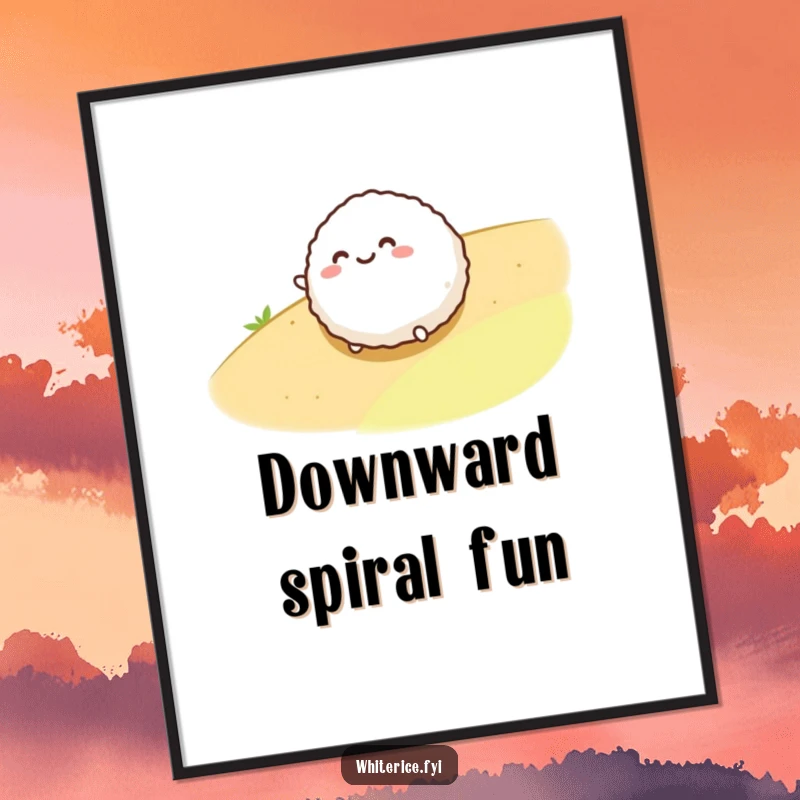 Funny digital art print of a happy rice ball character rolling down a slope, capturing a moment of pure, joyful motion.