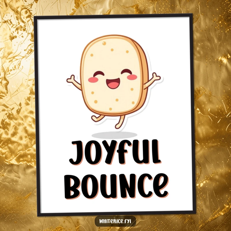 Funny digital art print of a happy, anthropomorphic rice cake character bouncing with pure, infectious joy.