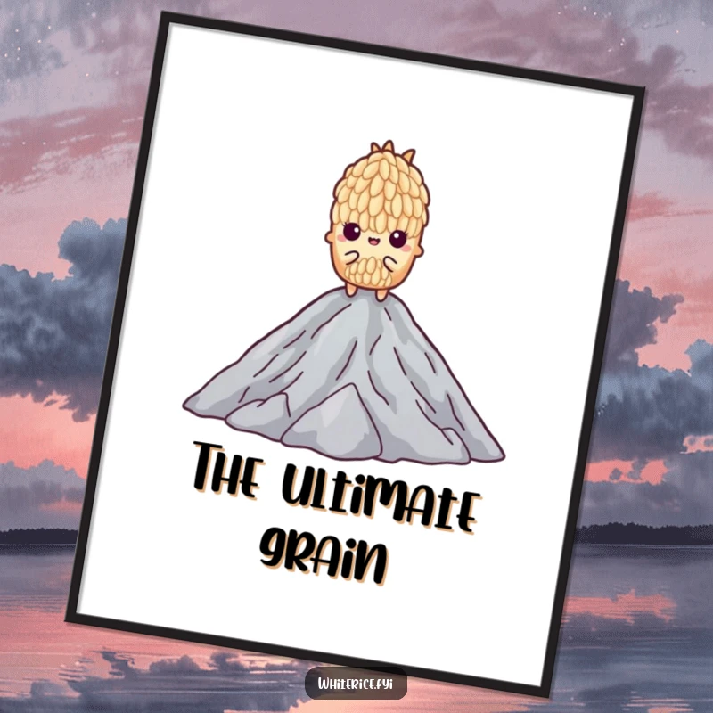Funny digital art print of a determined grain of rice standing tall on a mountain of others, conveying strength.