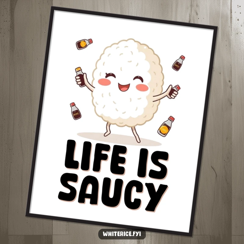 Funny digital art print of a happy, plump white rice grain character juggling tiny soy sauce bottles, a vibrant and humorous piece.