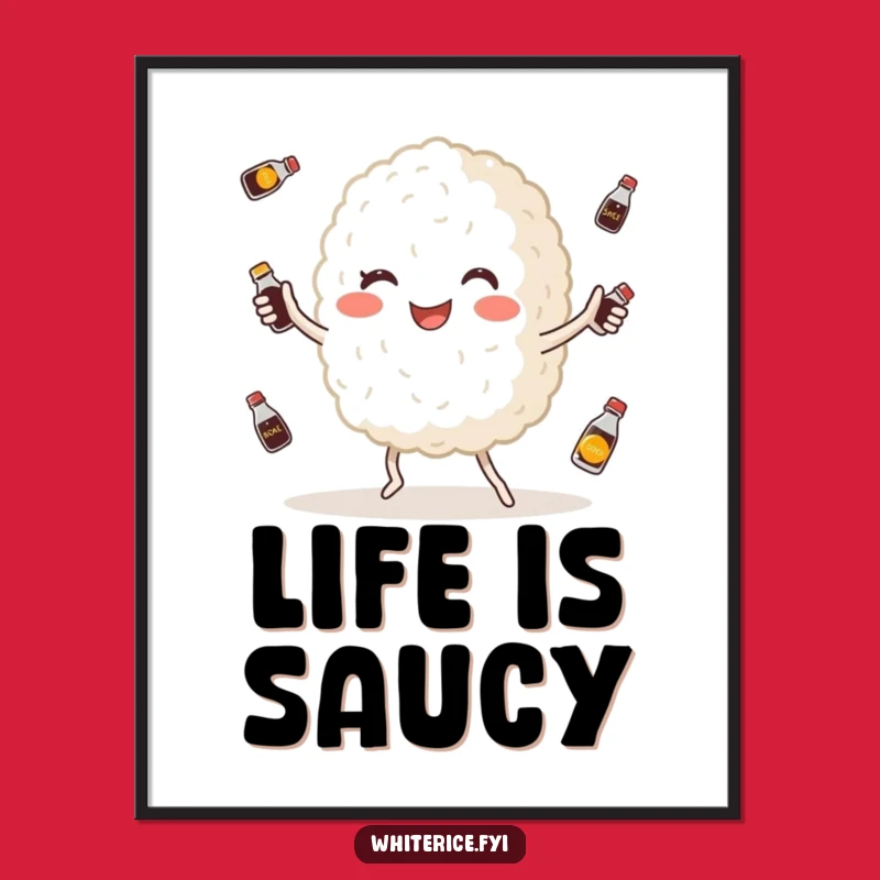 Funny Rice Juggling Art Print: Happy Grain with Soy Sauce Bottles, Instant Decor Gift