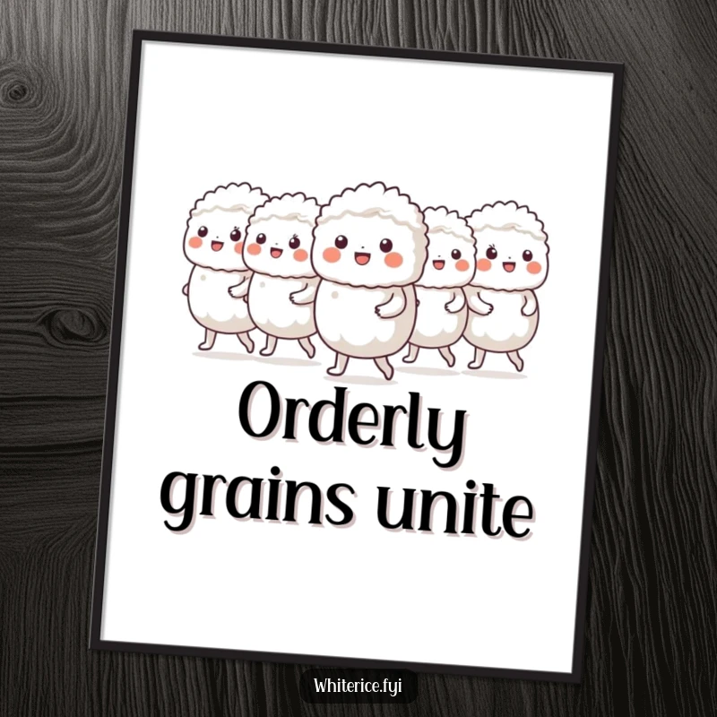 Funny digital art of a cheerful group of white rice characters marching in a neat line, for decor.