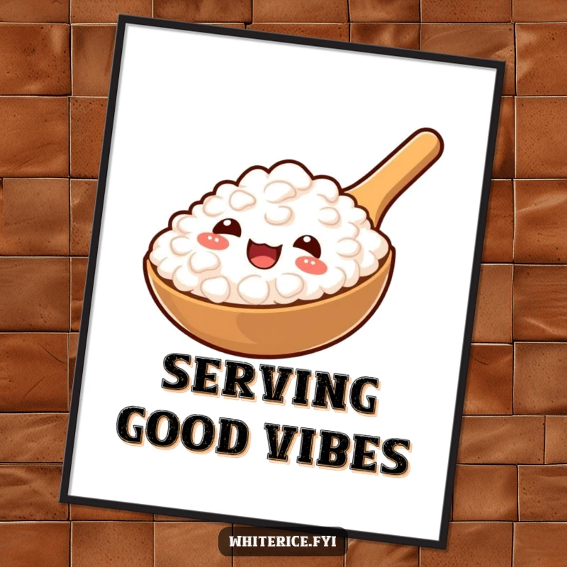 Funny digital art print of a cheerful rice paddle holding a spoonful of fluffy rice, ready to adorn walls.