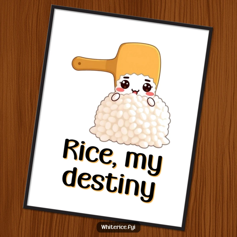 Funny digital art print of a determined rice paddle character skillfully scooping a generous amount of fluffy rice.