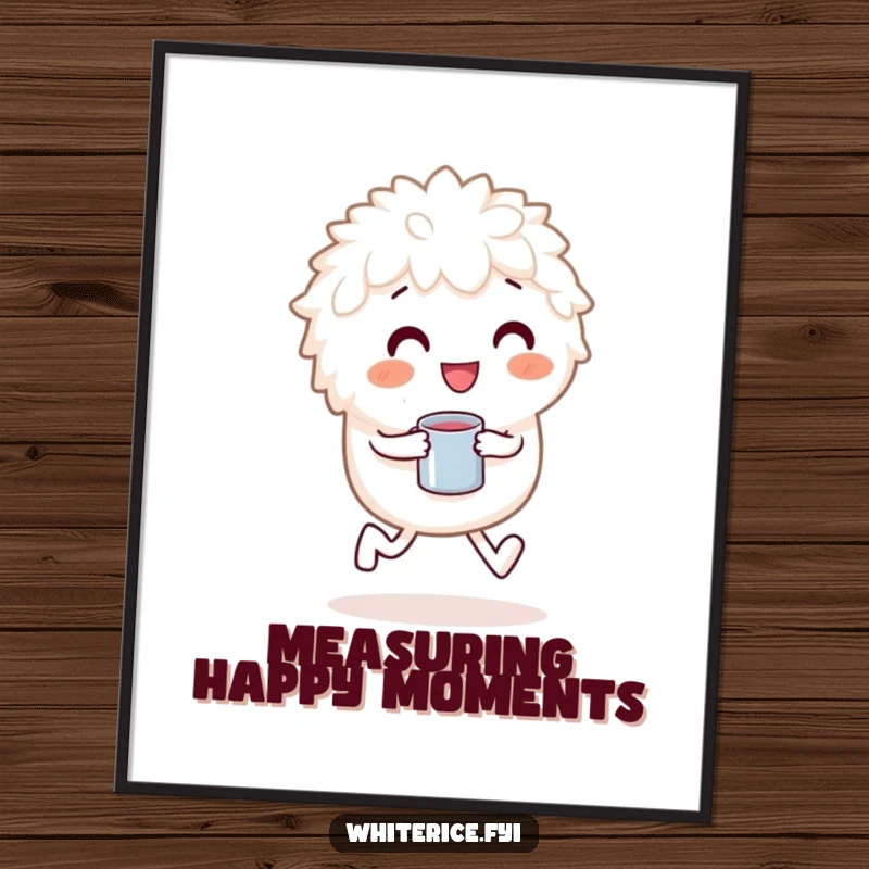 Funny digital art print of a playful white rice character skipping happily with a measuring cup, for instant joy.